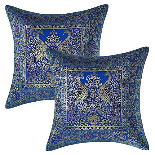 Image of Decorative Brocade Cushion Covers 16x16 Inch Banarasi Jacquard Weave Turquoise & Gold Living Room Peacock Festive Decor Square 40x40 cm Zippered Sofa Settee Pillowcases -Set of 2 Pcs