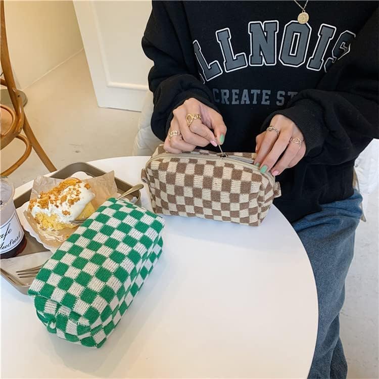 3 Pieces Makeup Bag Large Small Checkered Cosmetic Bag Capacity Canvas Travel Toiletry Bag Organizer Cute Makeup Brushes Aesthetic Accessories Storage Bag for Women (Green) - Image 3