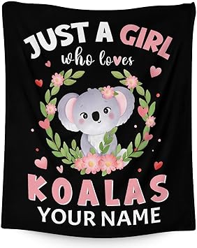 Personalized Koala Blanket Gifts with Name - 50"x60" Cute Throw for Women, Girls - Black Soft Fuzzy Blankets for Bed, Couch & Living Room
