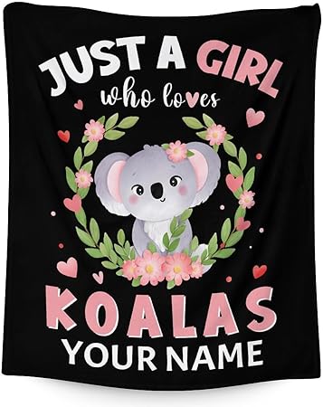 Personalized Koala Blanket Gifts with Name - 50"x60" Cute Throw for Women, Girls - Black Soft Fuzzy Blankets for Bed, Couch & Living Room