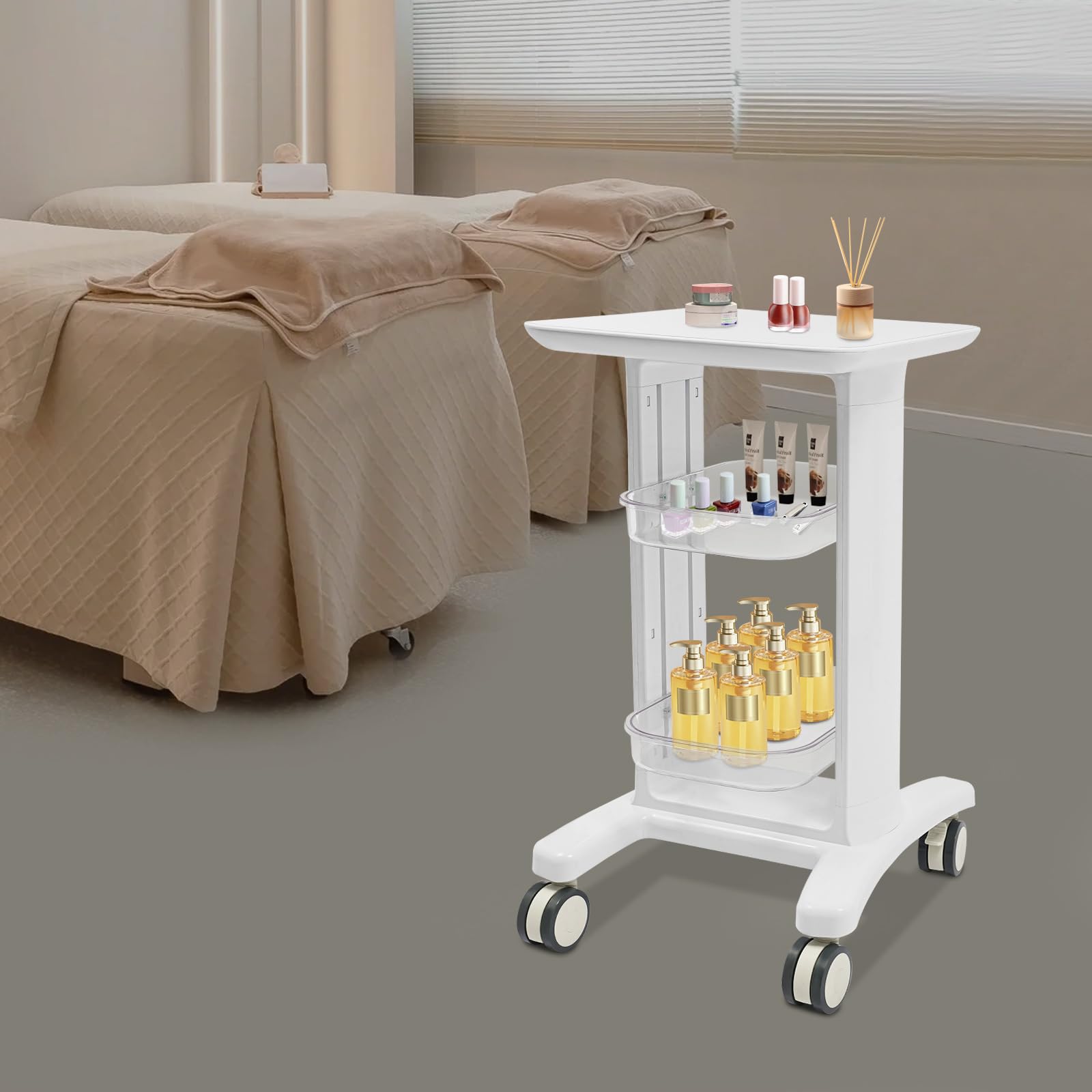 Carrello per salone di bellezza mobile, supporto per strumenti di bellezza a 3 livelli, ABS robusto, capacità 50 kg, ruote universali bloccabili, ideale per saloni e spa
