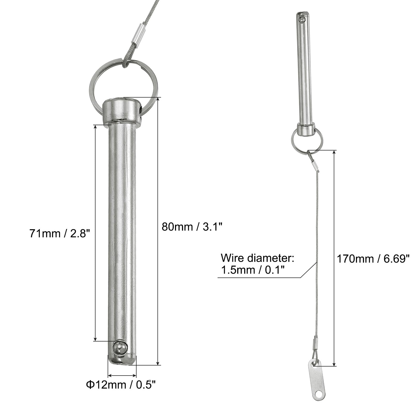 PATIKIL Quick Release Pin, Diameter 1/2"(12mm), Total Length 3.1"(80mm), Effective Length 2.8"(71mm) - Image 2