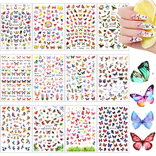 24 Sheets Butterfly Nail Art Stickers Colorful Butterfly Flower Nail Stickers Mixed Design Self-Adhesive Nail Decals Butterfly Manicure Sticker for Women Girl Nail Decorations, 12 Styles