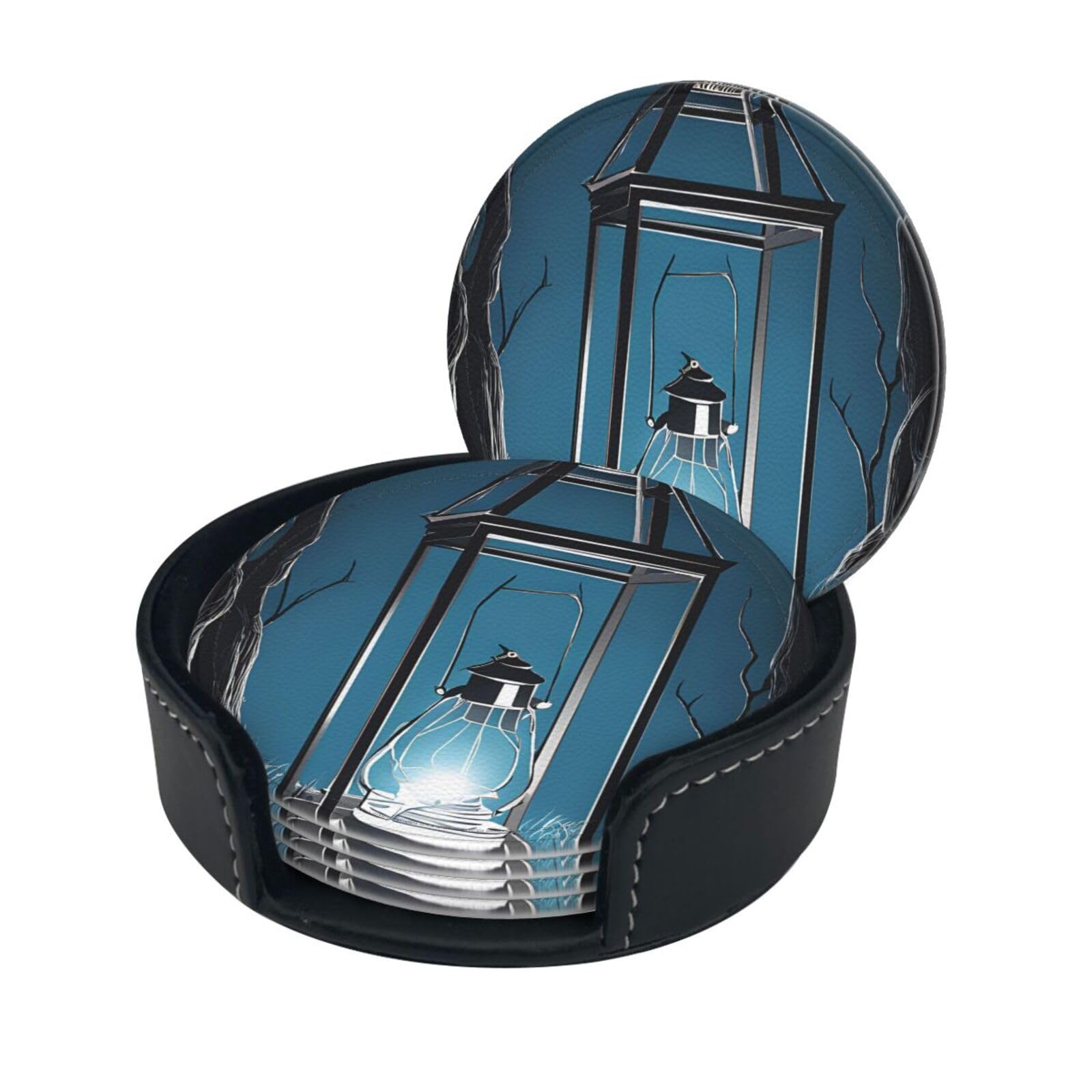 Fireflies andPrint Coaster,Round Leather Coasters with Storage Box for Wine Mugs,Cold Drinks and Cups Tabletop Protection (6 Piece)