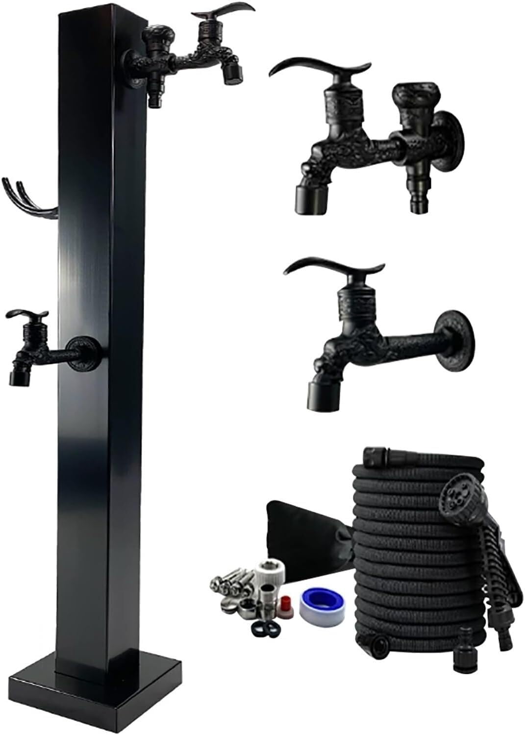 Hgouhk Schwarz Water Tap Fountain Hydrant Outdoor Water Column Garden Tap，Stainless Steel Freestanding Antifreeze Faucet With Double Outlet