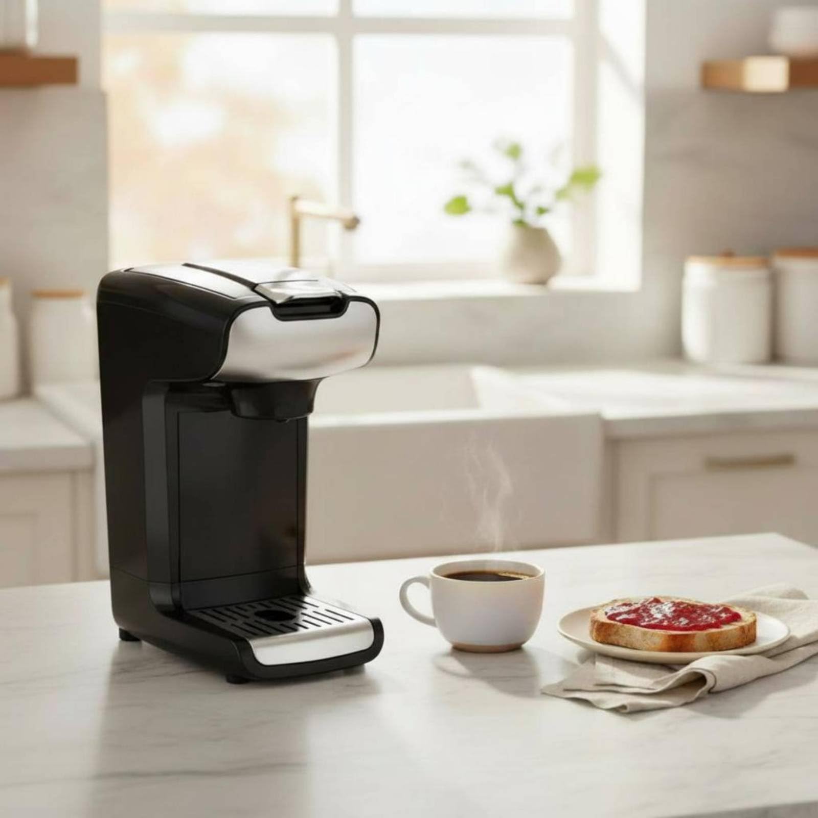 predolo Cafetera de Cápsulas y Café Molido Diseño Compacto Cafetera Eléctrica Monodosis Apagado Automático para Cocina, Oficina