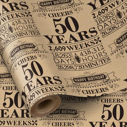 RUSPEPA Black 50th Birthday Wrapping Paper Roll 43.2cm x 5m Kraft Gift Wrap Paper Great for Birthday Party 50 Years Design