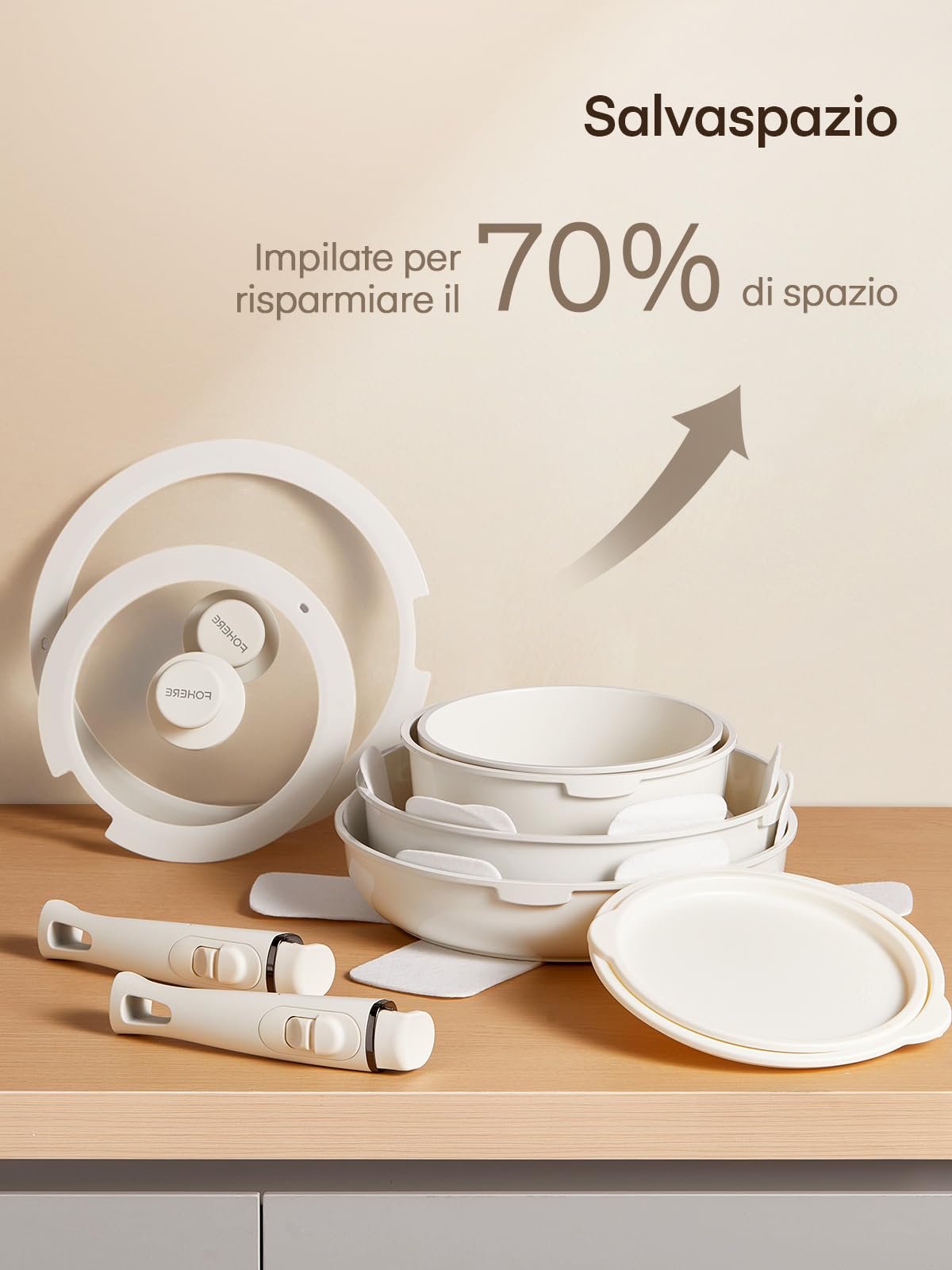 FOHERE Set di pentole da 16 pezzi, set di pentole a induzione con manico rimovibile, set di pentole e padelle in ceramica antiaderente, padella 20/28 cm, casseruola 18/20 cm, padella profonda 26 cm
