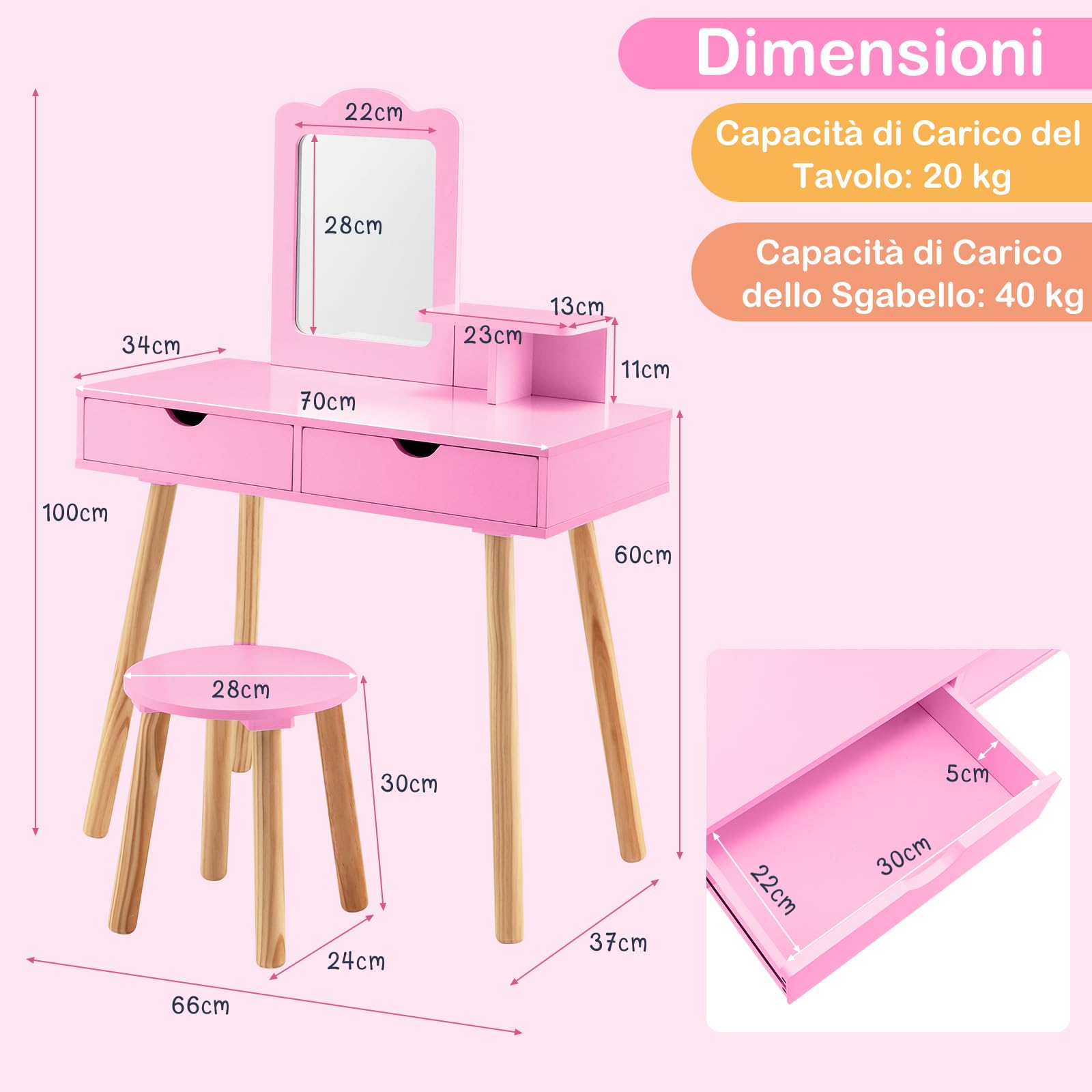 COSTWAY 2 in 1 Set Toeletta per Bambini, Postazione Trucco in Legno con Sgabello, Specchio Rettangolare Staccabile e 2 Cassetti Capienti, Ideale per Bambini dai 3 ai 7 Anni (Rosa Scuro)