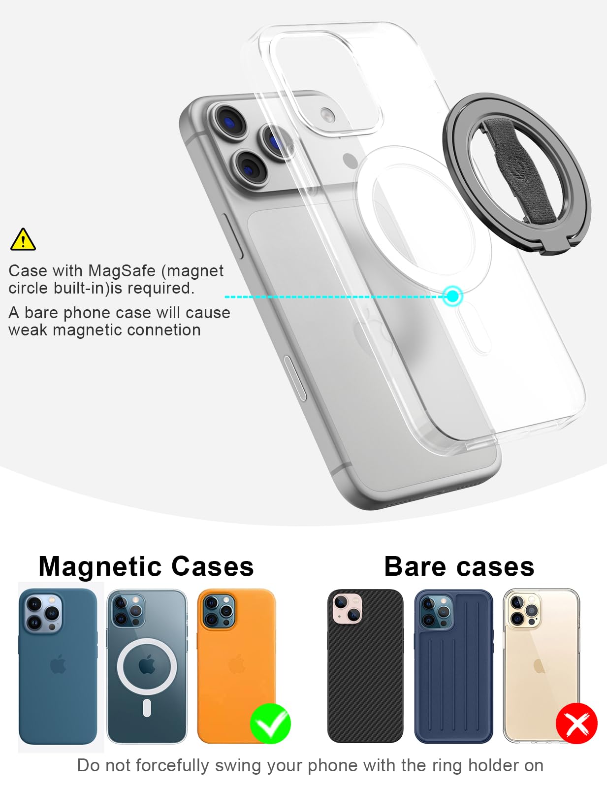 EWA MagOne 3rd Gen [Compatibile con MagSafe] Supporto per telefono cellulare con anello elastico per le dita, anello interno rotante, supporto magnetico rimovibile, per iPhone 16, 15, 14, 13, 12-Nero