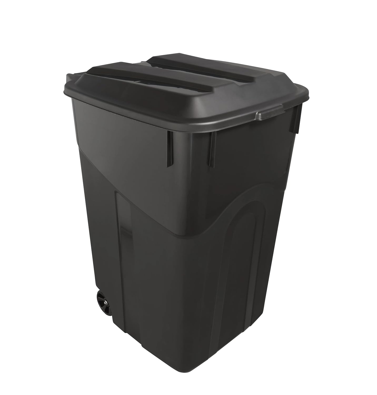 45 Gallon Wheeled Heavy Duty Plastic Garbage Can with Attached Lid, Black Rolling Trash Can for Outdoor, Yard, Garage & Commercial Use