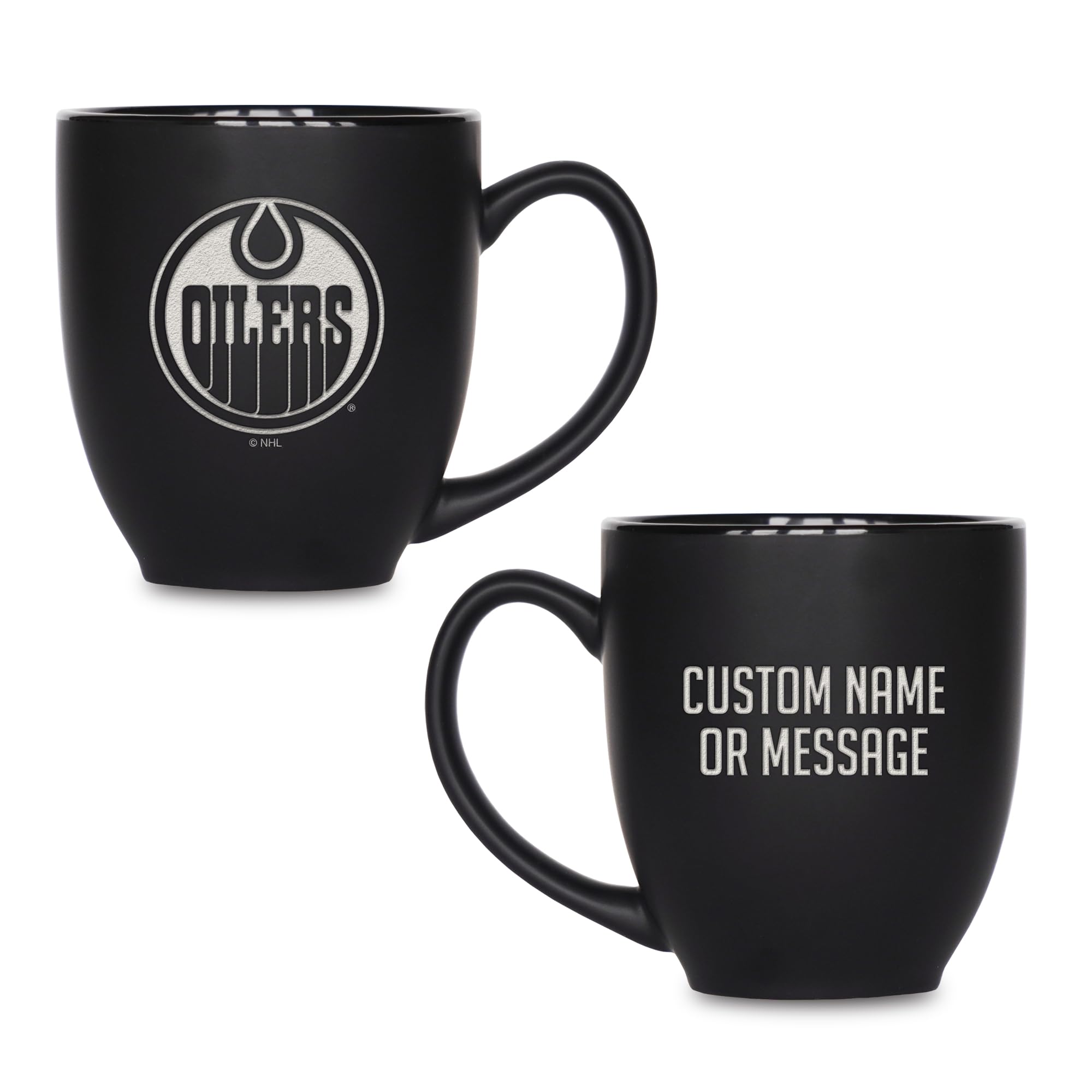 Rico Industries NHL Hockey Edmonton Oilers 15-Oz Personalized Laser Engraved Matte Black Ceramic Bistro Mug - for Hot or Cold Drinks