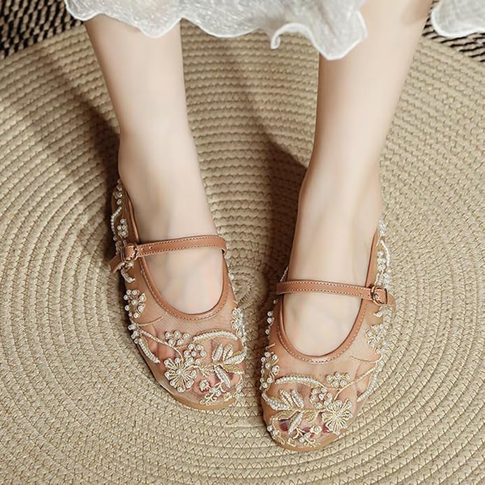 Mesh Ballet Flats for Women Embroidered Floral Mary Jane Flats, Buckle Strap Ballet Causal Summer Dress Shoes, Round Toe Comfortable Daily Dress Shoe2
