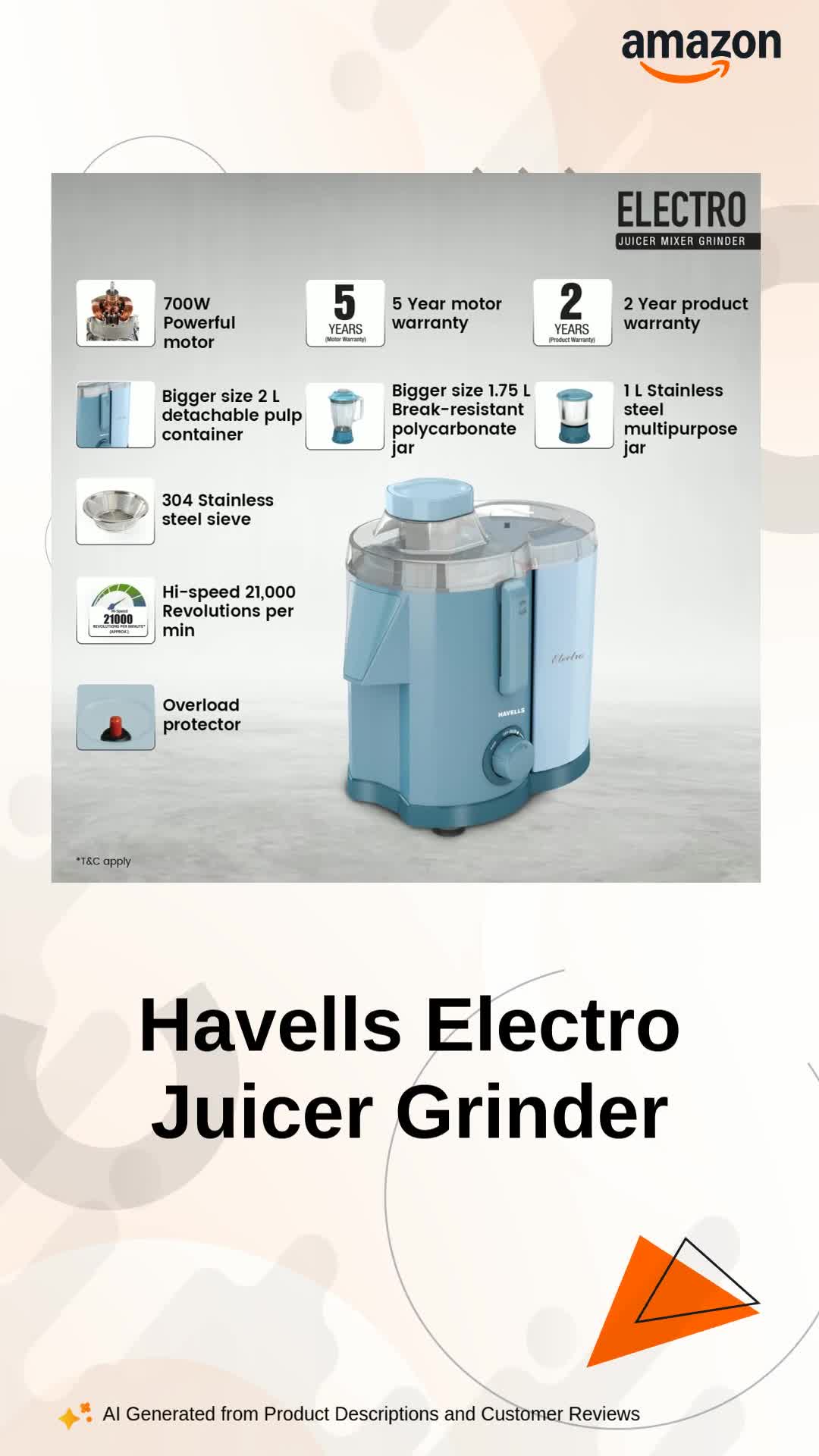 Havells Electro 2 Jar 700 Watts Heavy Duty Juicer Mixer Grinder Havells Electro 2 Jar 700 Watts Heavy Duty Juicer Mixer Grinder