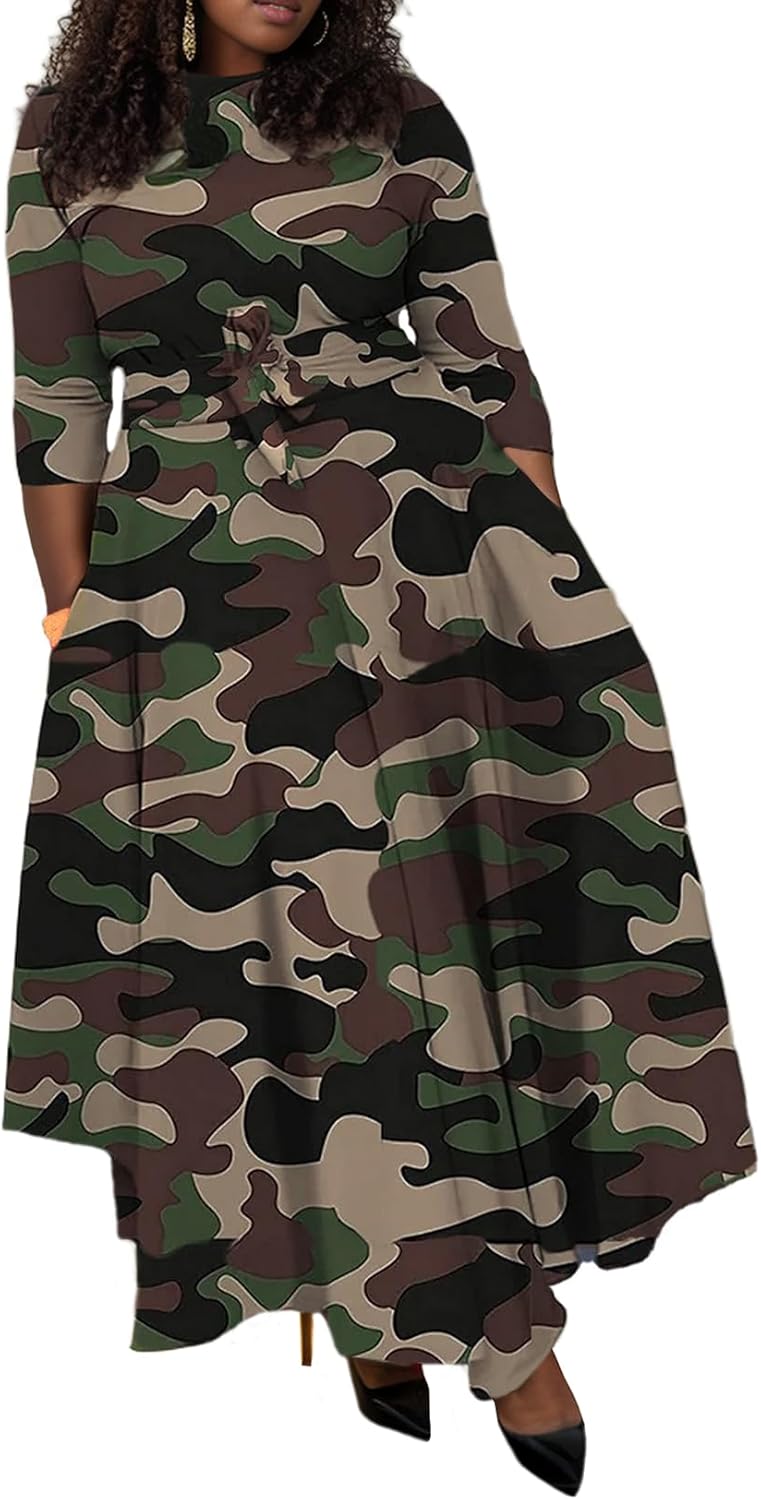 Plus Size Dress for Curvy Women Stretch Self Tie A-Line Maxi Dress with Pockets Swing Long Outfit
