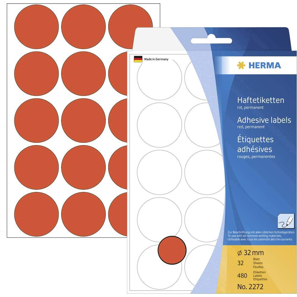 HERMA Multi-Purpose Labels Ref 2272, Round, 32 mm, Red, Paper Matt, 480 Pack