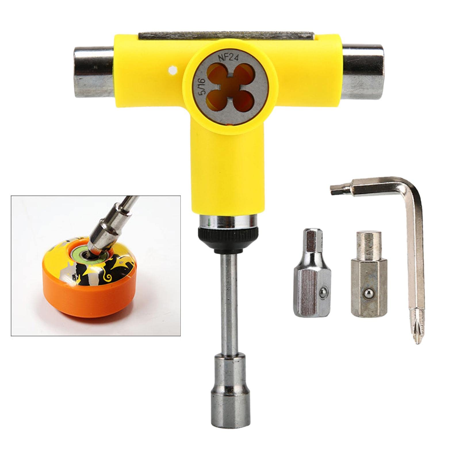 Outil Pratique Skateboard Clé T Accessoire Patinage Wrench Acier Inoxydable Portable Installation Facile Réglage Roue Utilisé pour Atelier Mobilité, Jaune
