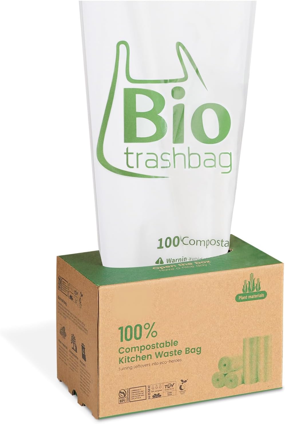 Compostable Trash Bags 13 Gallon, 50 PCS Biodegradable Flat-top Food Waste Bags, BPI Certified Compost Bags Leak-Proof, Plant-Based, Heavy Duty Tall Kitchen Garbage Bags