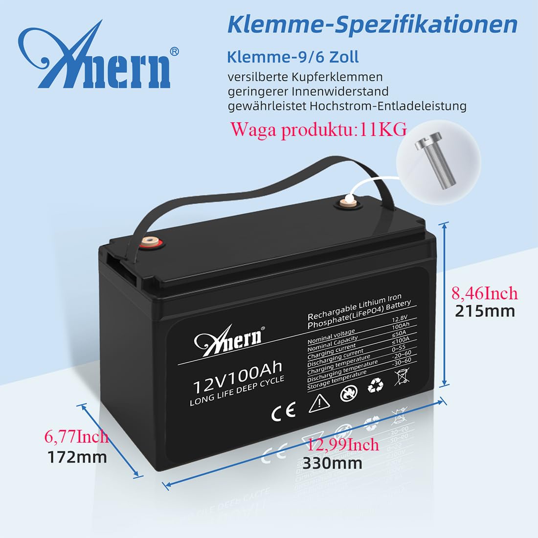 Anern 12V LiFePO4 Akumulator Litowy 12V 100AH Bateria 1280WH LiFePO4 Akumulator Litowo-żelazowo-Fosforanowy Wbudowany BMS Ponad 6000 cykli Do Systemów Solarnych, łodzi, Paneli Słonecznych