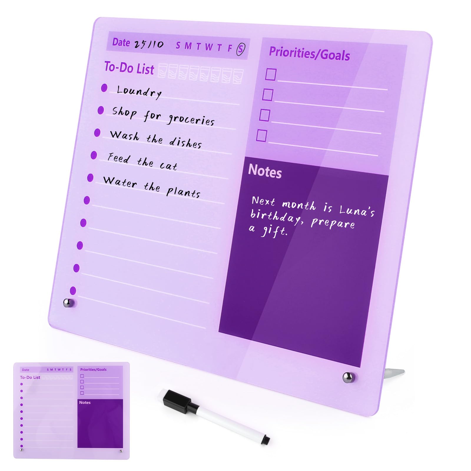 Desktop Acrylic Dry Erase Board Purple to Do List Planner Board with Stand and Markers 25x30cm Frameless Tabletop White Board Daily Task Organizer for Office Home School Student