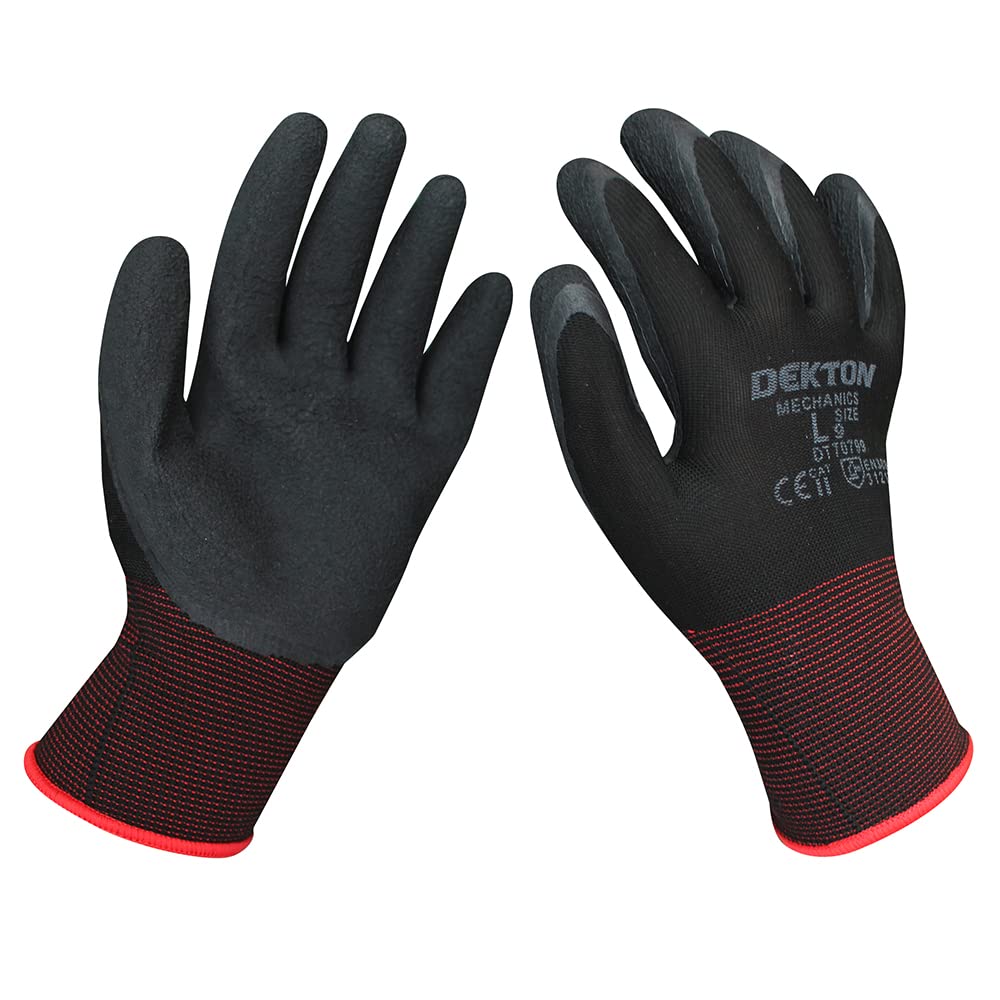 Dekton Black Dt70799 Mechanics Latex Foam Coated Gloves,,Size 9/L, Cat11,En388,Ultra Grip, Perfect For Diy,Building, Decorating, Garden.