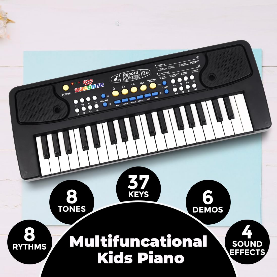 Wembley Kids Piano with Mic - Rechargeable & Portable Electronic Keyboard Musical Toy for Beginners Boys & Girls Ages 3-9 Years with Recording, 37 Keys, 8 Rhythms, 8 Tones, 6 Demos Function - Black - Image 5 thumbnail