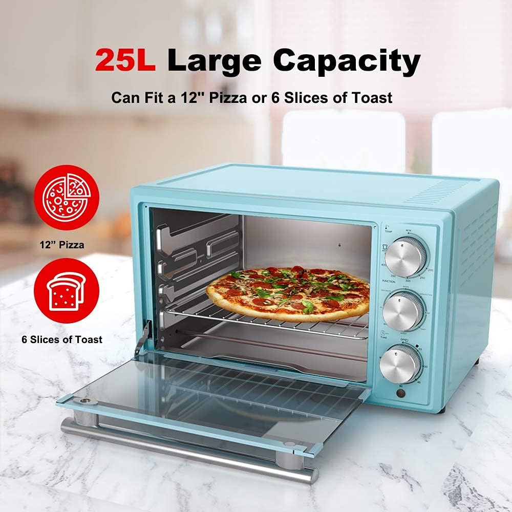 Galanz Toaster Oven with a pizza inside, illustrating its 25L large capacity, capable of fitting a 12-inch pizza or 6 slices of toast.