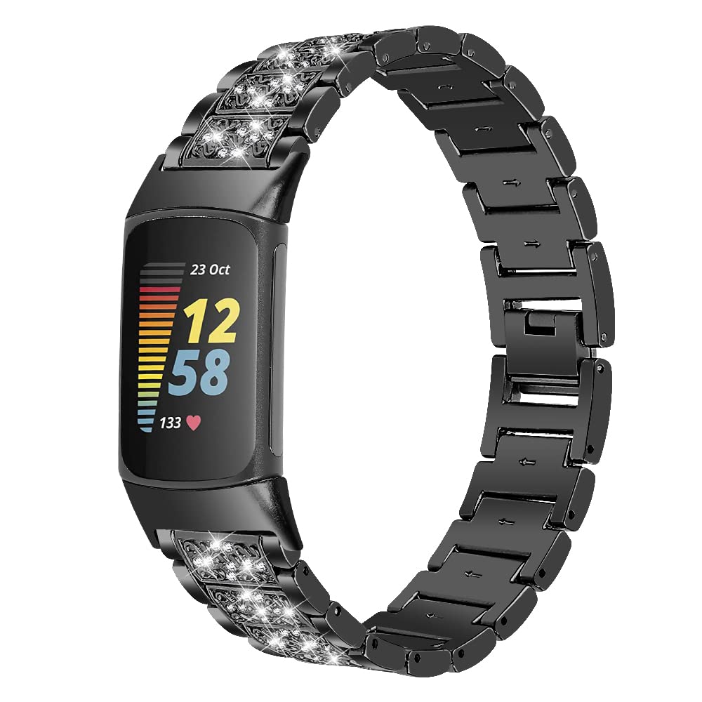 Gimuk Metal Strap Compatible with Fitbit Charge 6/Charge 5 Strap for Women Men, Adjustable Stainless Steel Bling Glitter Diamond Sport Wristband Replacement band Strap for Fitbit Charge 6 (Black)