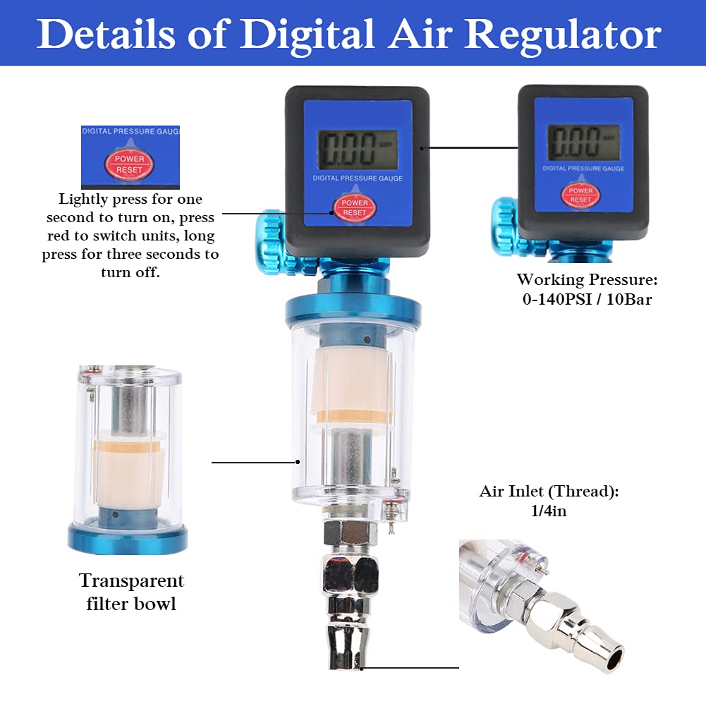 Digitaler Luftregler, Luftkompressorfilter, 140PSI 1/4 "Luftdruckregler-Messgerät, Öl-Wasserfallen-Filterregler mit Anschluss für Spritzpistole