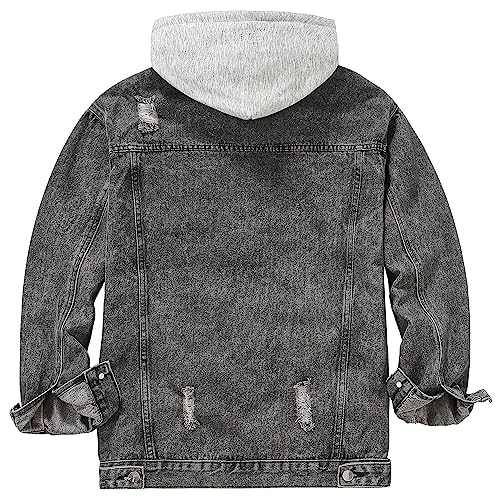 Image of Men's Denim Jacket Distressed Hooded Jean Jackets Baggy Ripped Trucker Coat | Loose Vintage Long Sleeve Denim Hoodie Cotton Button Down Jean Outerwear With Pockets Black Blue Hip Hop Streetwear Casual