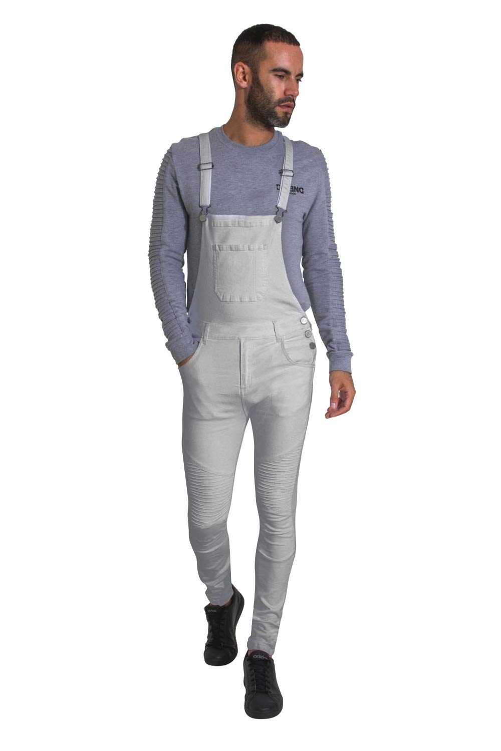 Mens Super Skinny Fit Biker Overalls White Denim Detachable Straps