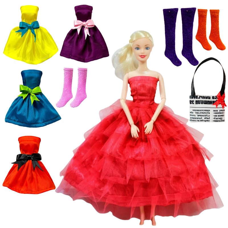 Mini Gifts - Doll Set for Girls, Full Foldable Doll with Red Frock, 4 Doll Dresses, 3 Pair Doll Socks and 1 Bag