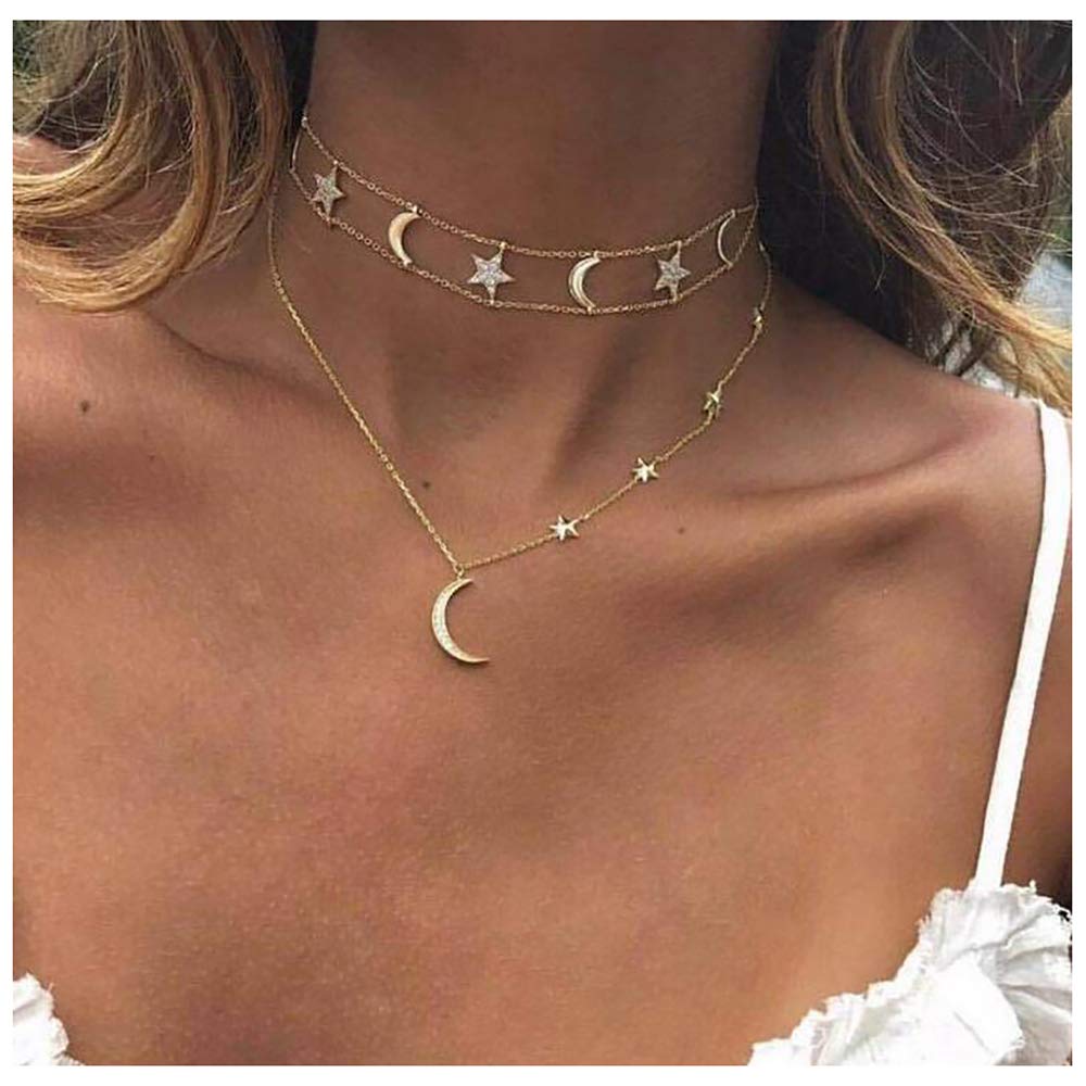 AimimierAnglacesmade Bohemia Layered Choker Necklace Star and Moon Necklace Crescent Moon Pendant Necklace Crystal Star Choker for Women and Girls