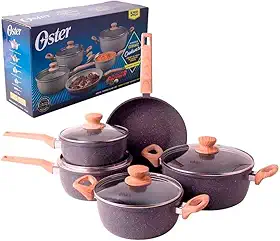 OSTER Conjunto de Panelas Antiaderentes 5 Peças Marble Edition - Jogo de Panela e Frigideira, Construção em Alumínio e Revestimento Duplo de Cerâmica, Alças e Cabos Revestidos em Silicone - Dark Grey