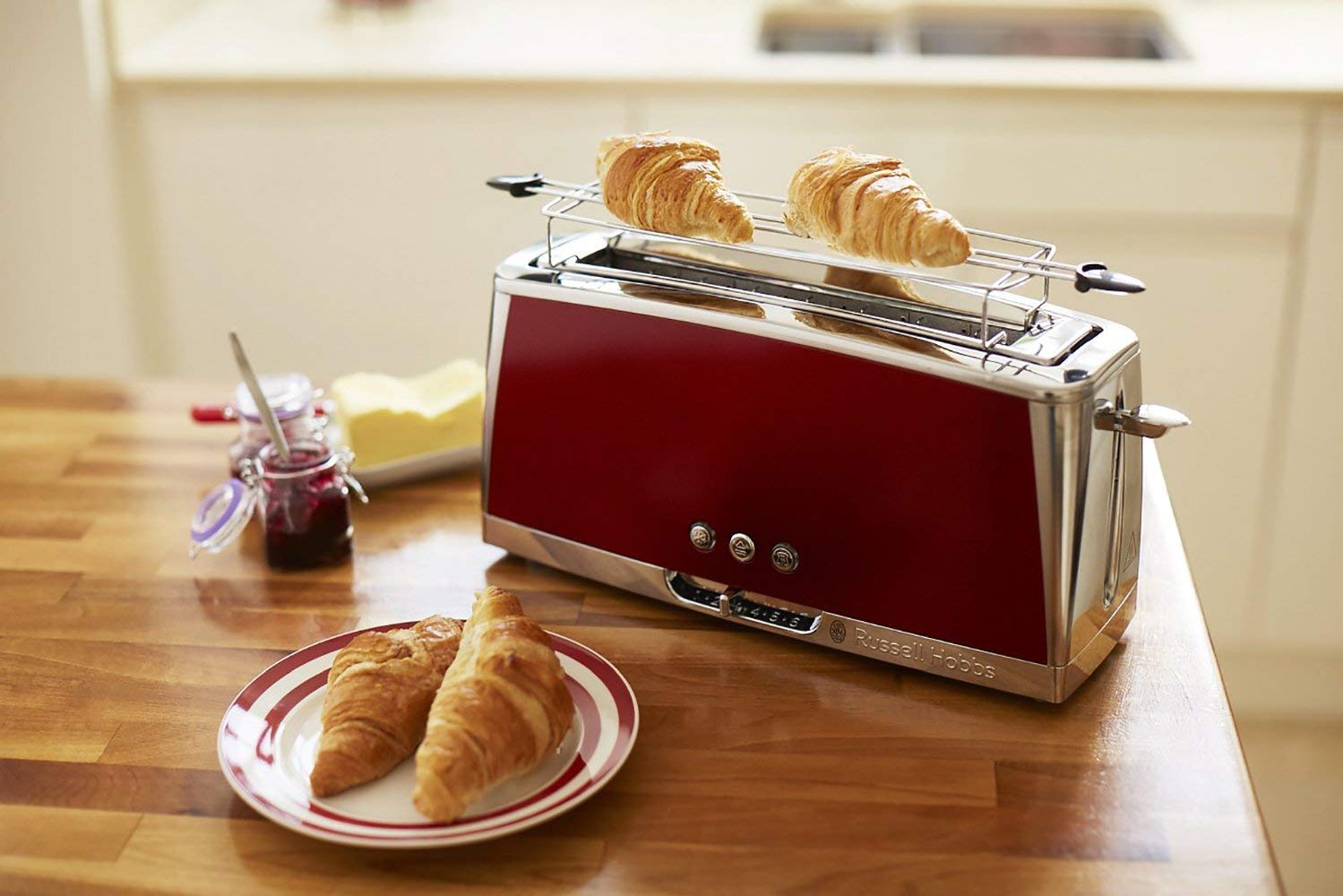 Russell Hobbs Tostadora Luna Solar Red - 1 Ranura Larga y Ancha, Tostador para 2 Rebanadas, Bandeja Recogemigas, Calientapanecillos, Función Cancelar y Descongelar, Acero Inoxidable y Rojo - 23250-56