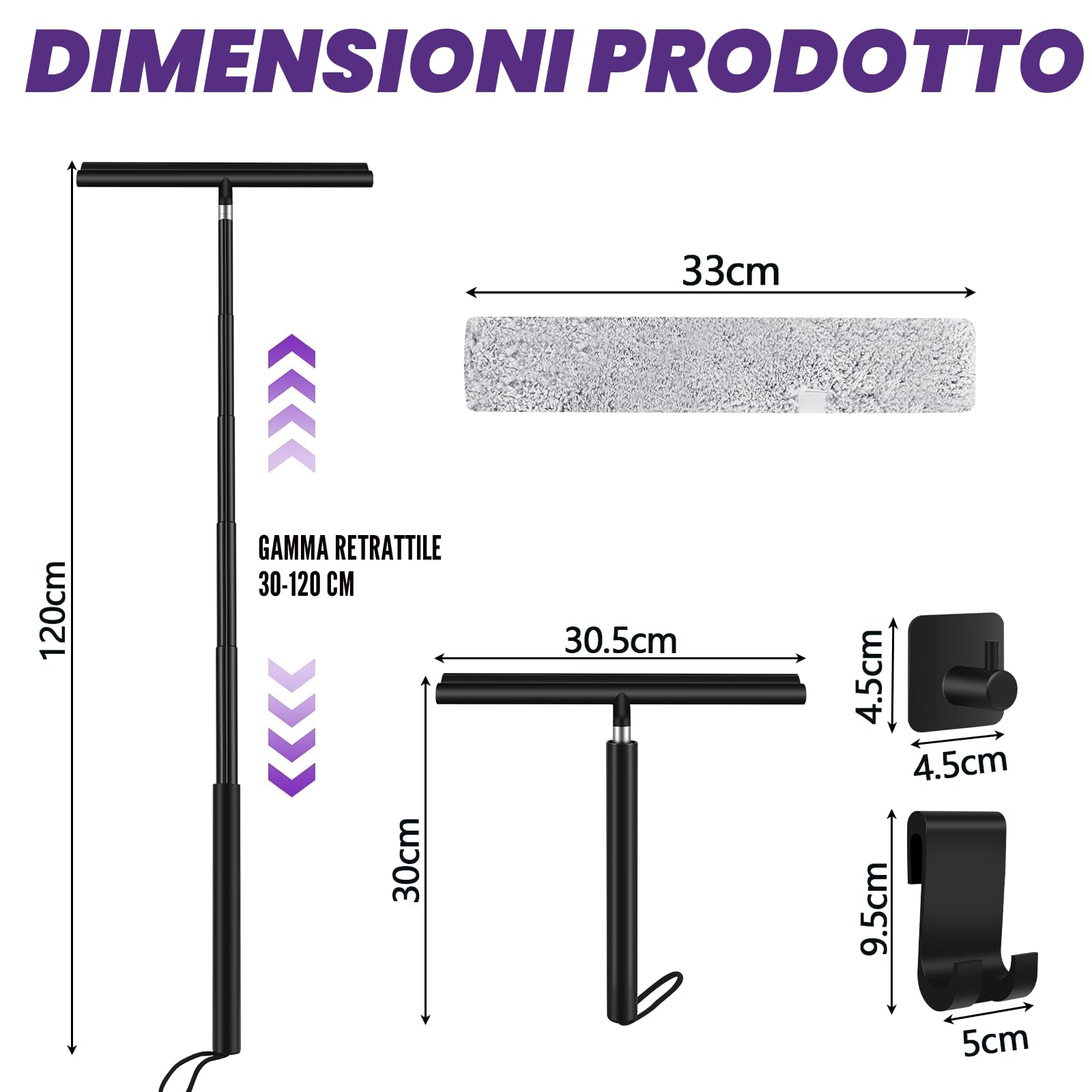 Tergivetro per Doccia, Pulisci Vetri Porte e Finestre Estensibile fino a 120 cm, Tira Acqua da Doccia con Gancio, Tergivetro Doccia Silicone con Anima per Finestre del Bagno