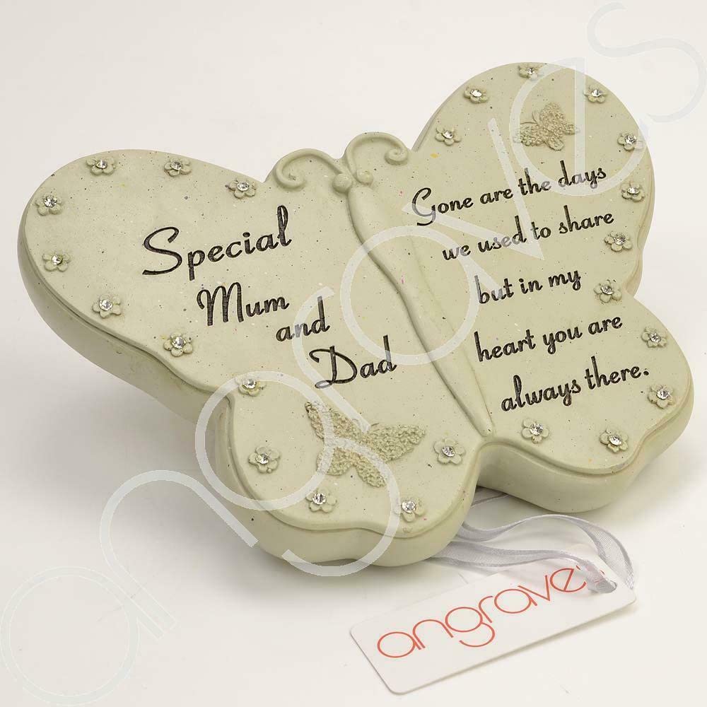 Angraves Off-White Special Mum And Dad Diamante Butterfly Graveside Grave Memorial Plaque Ornament