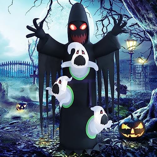 Image of HZGDEJTG 8ft Harvester with Runaway Ghost on Chest Halloween Inflatable Outdoor Decoration, Yard Decorations with LED Lights for Outdoor Lawn, Garden, Home Holiday Party