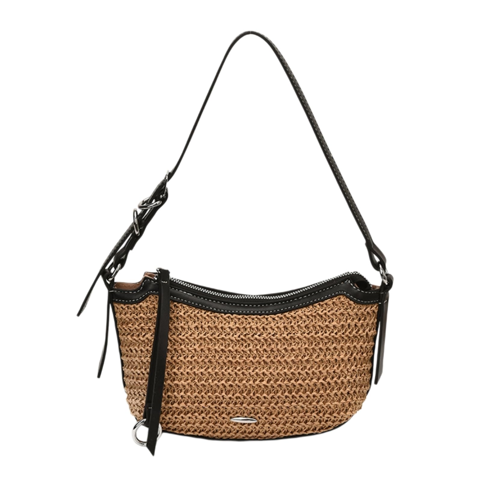Borsa Spalla Paglia A Tracolla Raffia-Woven con Contrasto-Trim, Regolabile-Strap Cross-Body Pouch per Vacanze E Passeggiate in Città-black-26cmx15cmx7 5cm