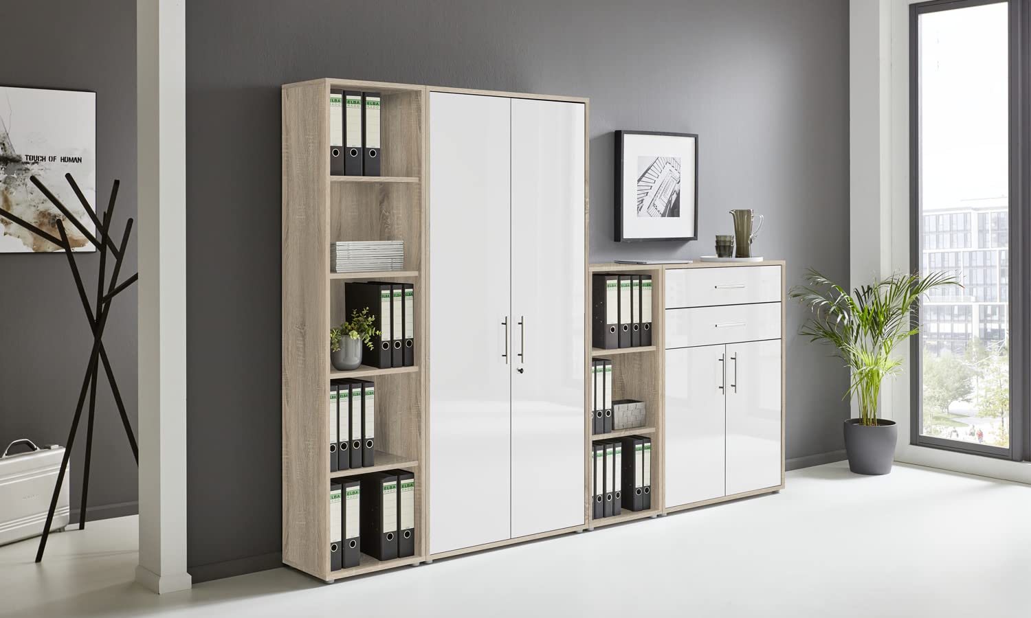 BMG Möbel Office Edition Set 22, armadietto da ufficio con serratura con manici in metallo, prodotto in Germania (rovere Sonoma/bianco lucido)