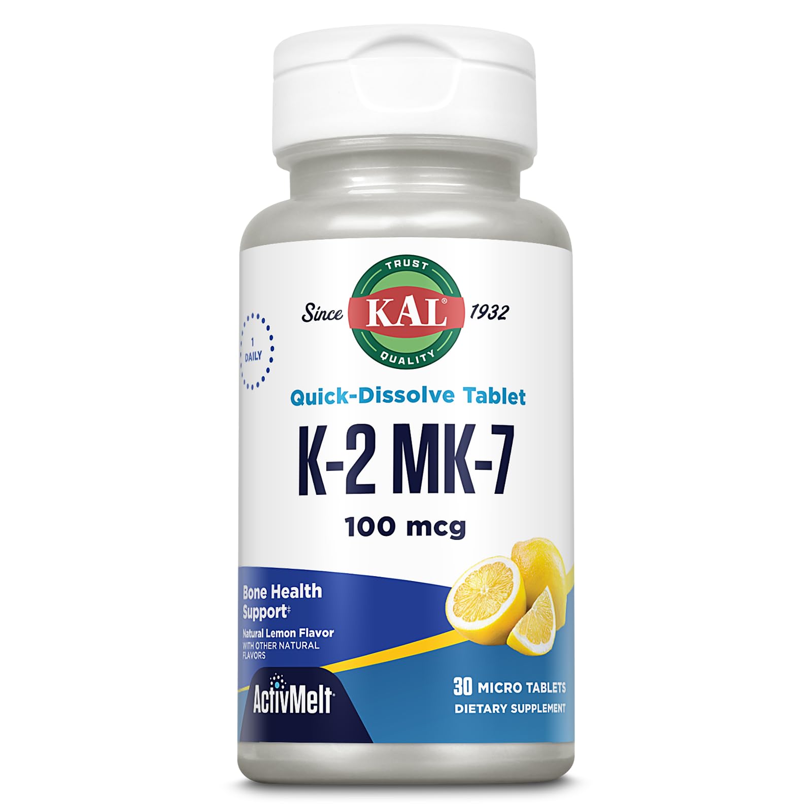 KAL Vitamin K2 500 mcg, Bone, Heart and Artery Health Supplement as Vitamin K2 MK4, Bone Strength and Cardiovascular Function Support, Natural Lemon ActivMelts, Vegetarian, 100 Serv, 100 Micro Tablets