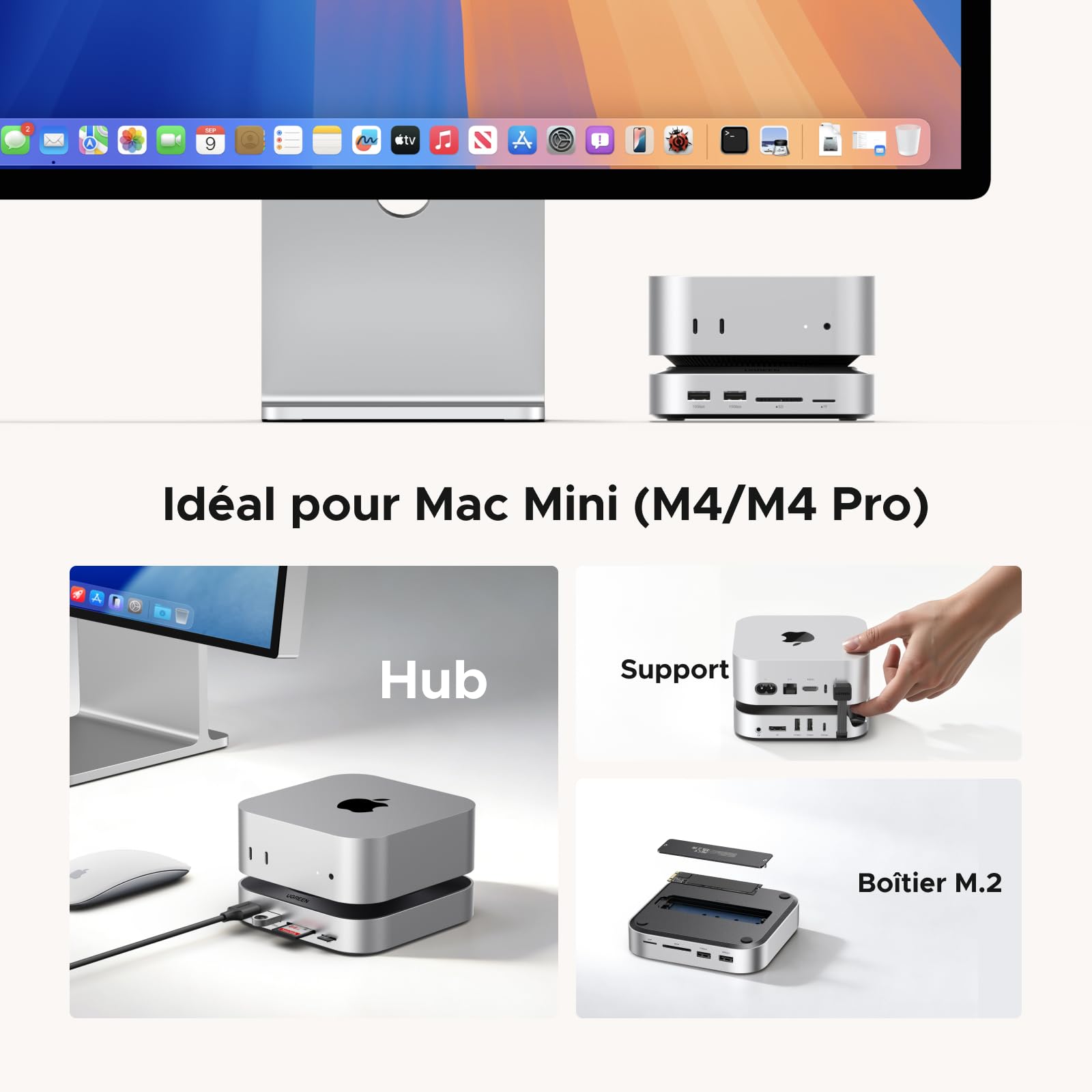 UGREEN Station d'accueil et Support pour Mac Mini M4 et M4 Pro Docking Station Hub USB C avec Boîtier M.2 NVME SSD DisplayPort 4K 240Hz 144Hz 5 USB 3.2 4A1C 10Gbps Fente SD TF 3.5mm Aux