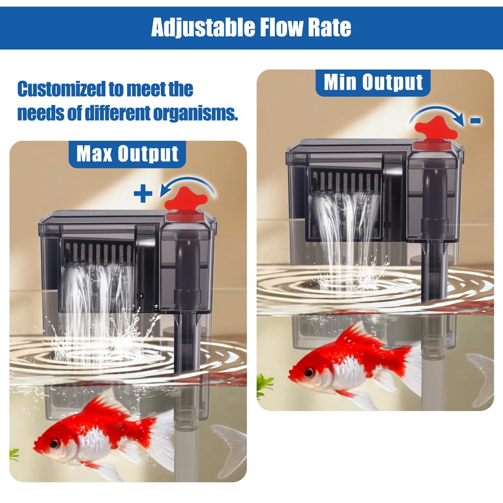 HOB Slim - Filtro de acuario para tanque de hasta 5 galones, ultra silencioso, filtro de alimentación de flujo ajustable, adecuado para agua salada y agua dulce, 42 GPH, 3 W