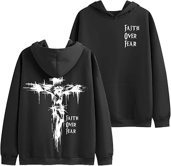 BINTEHGS Faith Over Fear Hoodie Christian Religious Hoodies for Men Oversized Cross Graphic Sweatshirts Jesus God Pullover
