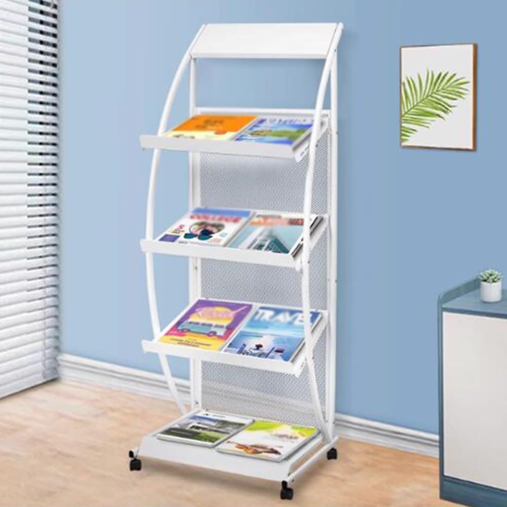 GRRICEPL Porte-revues Au Sol, Présentoir De Brochure Détachable avec roulettes, Porte-journaux À 3 Couches, pour Expositions, Centres Commerciaux, Bureaux (Couleur : White, Taille : 48x38x135cm