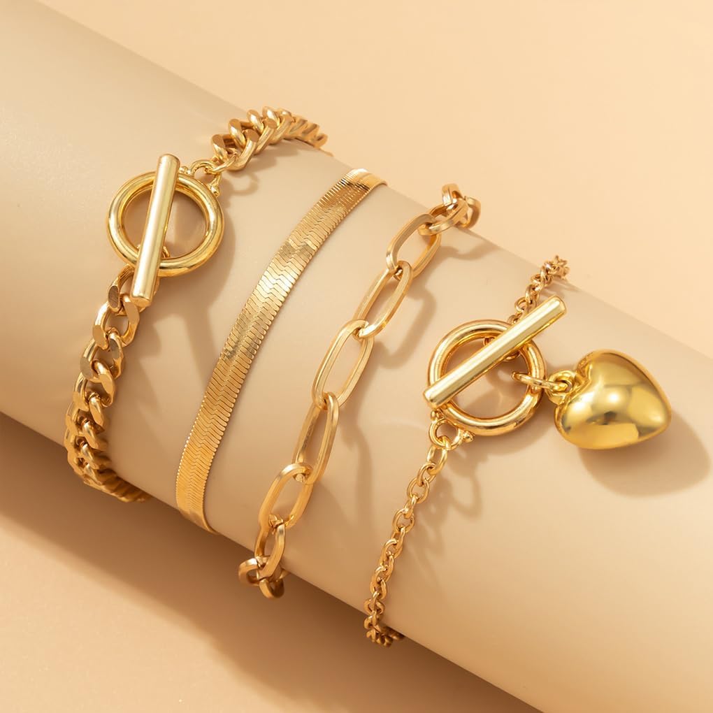 Stackable Gold Heart Toggle Clasp Bracelets Set for Women Layered Cuban Link Chain Bangles Adjustable Paperclip Bracelets Pack Jewelry Accessories - Image 7