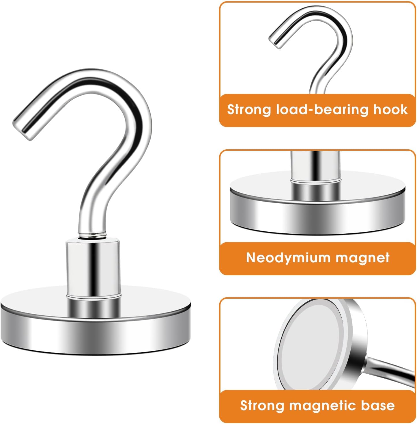 8 Pack Heavy Duty Magnetic Hooks, 110 LBS Strong Neodymium Magnet Hooks, Magnets with Hook for Hanging, Large Metal Hook Cruise for Cabins, Kitchen, Refrigerator (Silver)