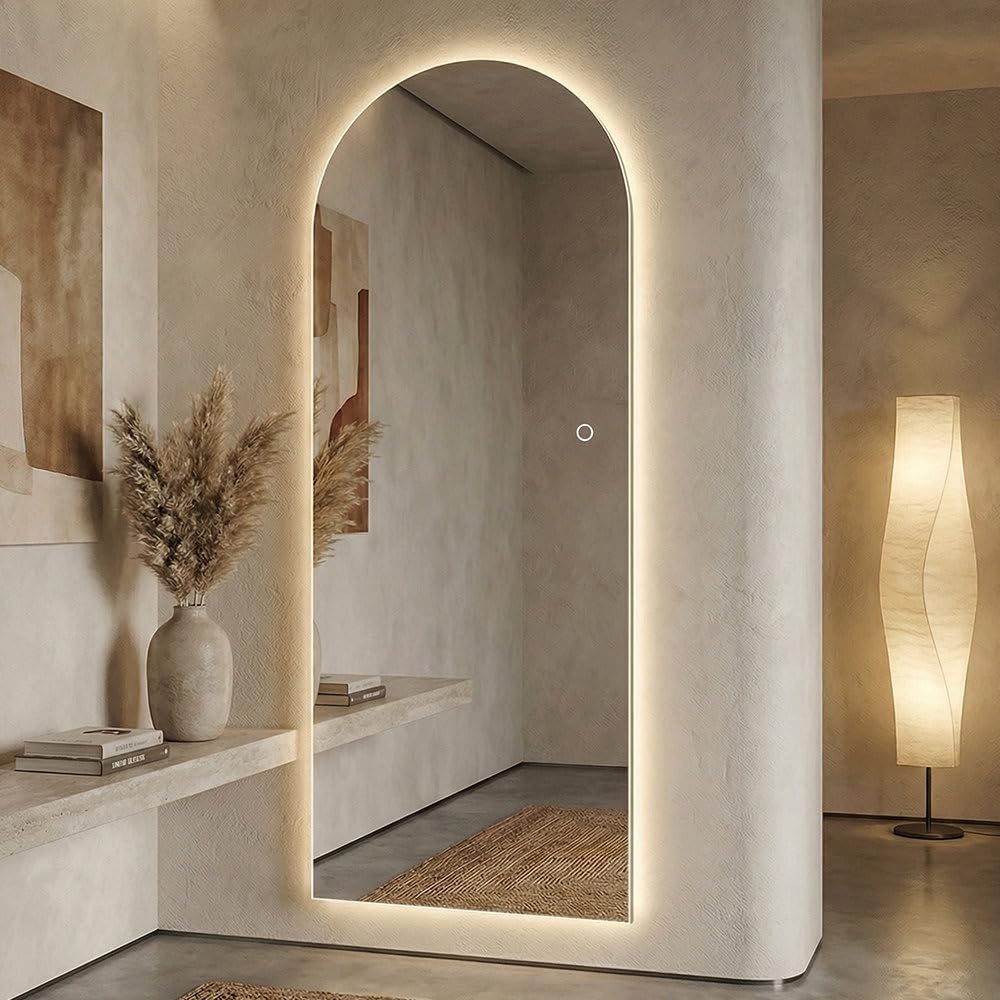 Full Length Arched Backlit Mirror with 3 Color LED Lights, Dimmable Touch Control, Wall Mounted Floor Mirror (63x22 inches)-image-27