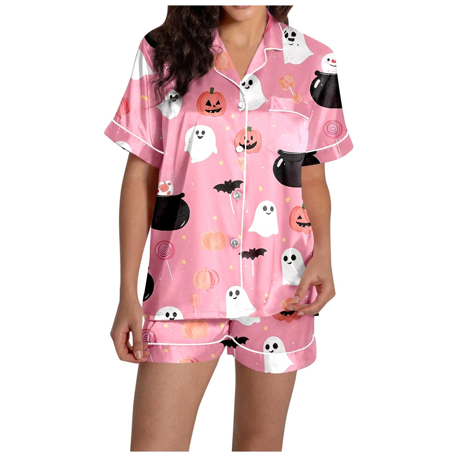 Generisch Damen Pyjama-Set mit Halloween-Print kurzärmliges Oberteil Shorts Bequeme Schlafanzug-Kombination für heiße Nächte ideale Freizeitkleidung für
