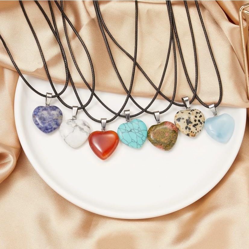 LE SKY 20 Pcs Natural Stone Necklace Healing Heart Gemstone Pendants Crystal Charms PU Leather Cord for Women Jewelry Gift3